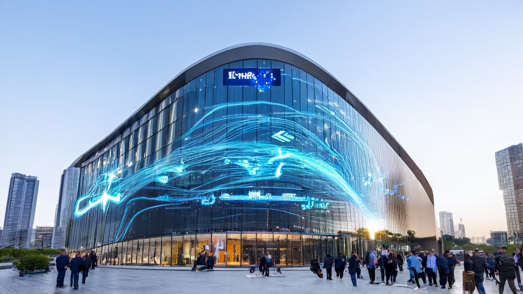 A modern office building with a high-tech feel, showcasing embodied intelligence applications by Meituan and StarSeaTech