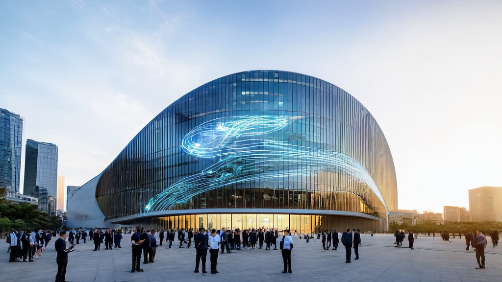 Modern office building showcasing Alibaba Qwen model advertisement, attracting business professionals' attention