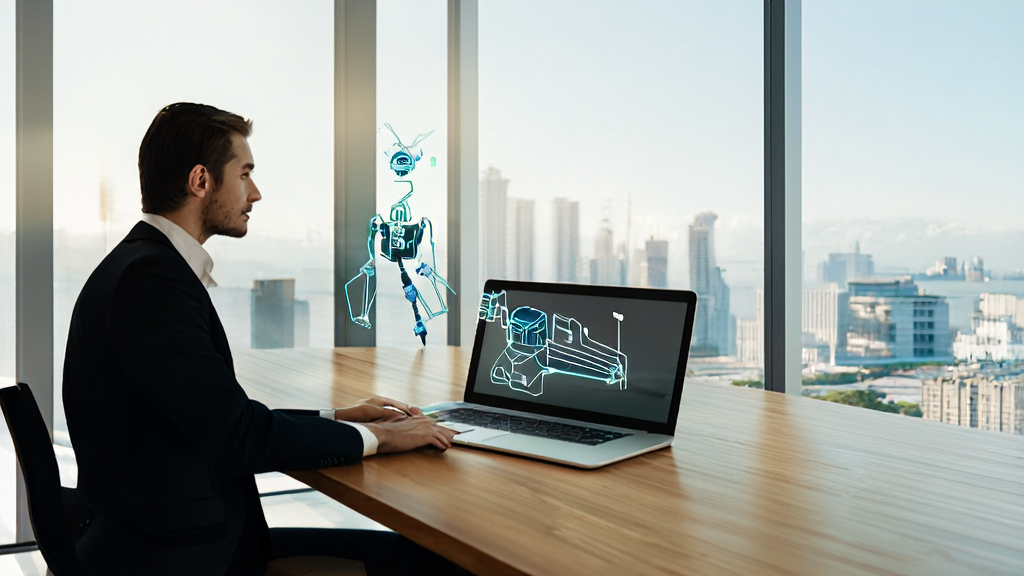 A business person in a modern office using an AI assistant to polish export emails