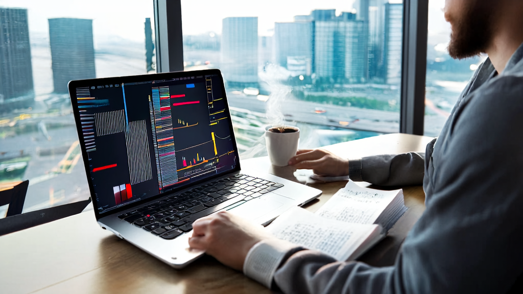 A focused cross-border e-commerce worker in a modern office using email automation tools to optimize marketing effectiveness
