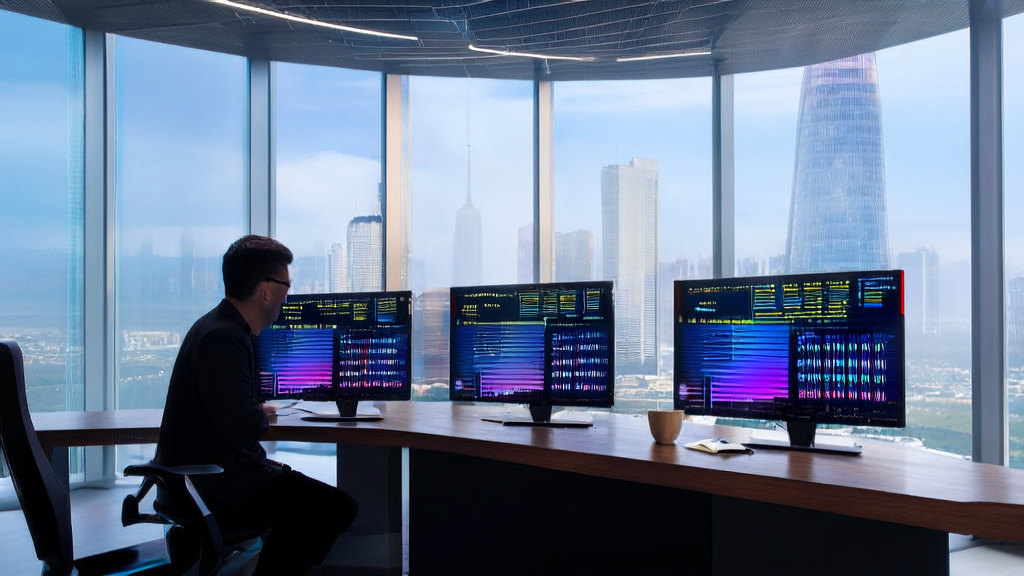 Data analyst in a modern office using AI algorithms for client data cleaning