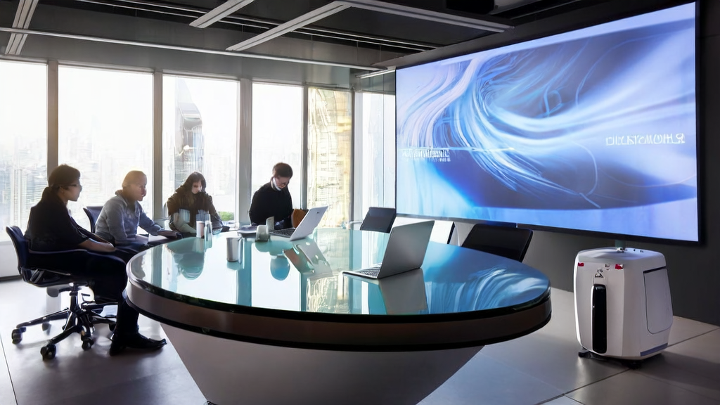 In a modern office on a sunny morning, employees gather around a glass table to discuss the launch of DeepSeek V3.1