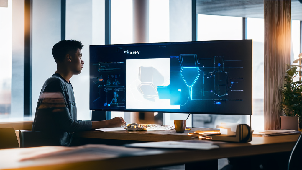 现代化办公室中,设计师正在使用Canva的AI邮件润色工具进行工作
