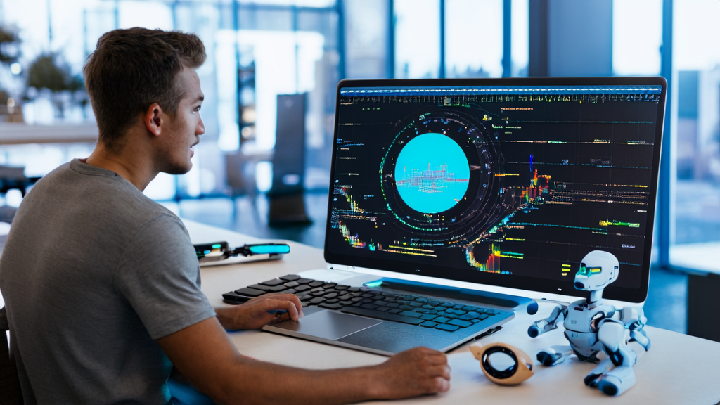 A developer in a modern office using Xcode with integrated Claude AI for efficient programming and data analysis