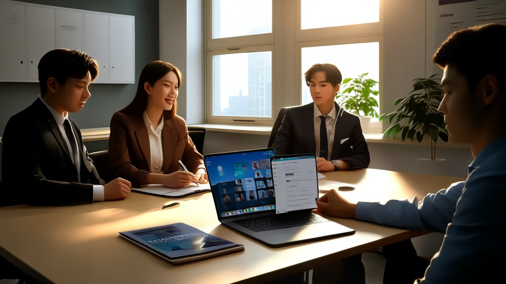 Professionals in a modern office discussing AI acquisition strategies using LinkedIn and the “Ask Quark by Photo“ feature