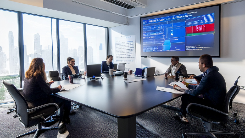 Employees in a modern office discussing AI acquisition strategies with a Microsoft Windows 11 Copilot demo on the wall screen