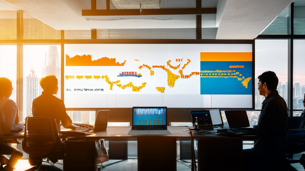 Employees in a modern office discussing AI acquisition strategies with Southeast Asia market map in the background