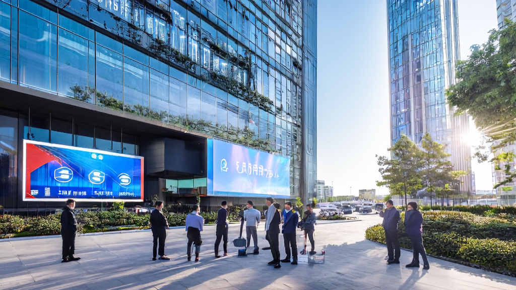 Office workers discussing AI intelligent acquisition system in front of a modern office building