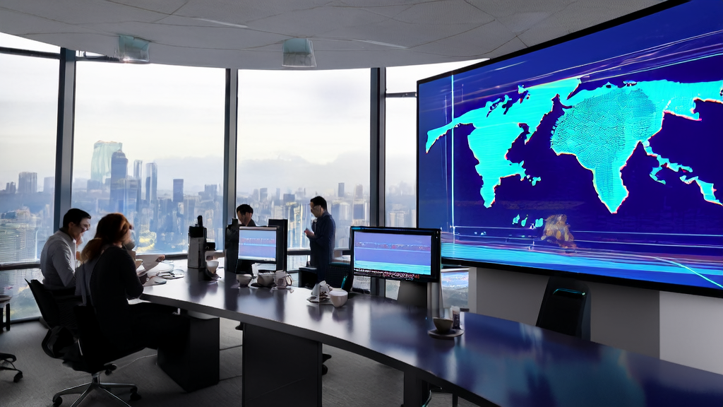 现代办公室中员工正在讨论AI智能获客系统以优化跨境电商自动化营销