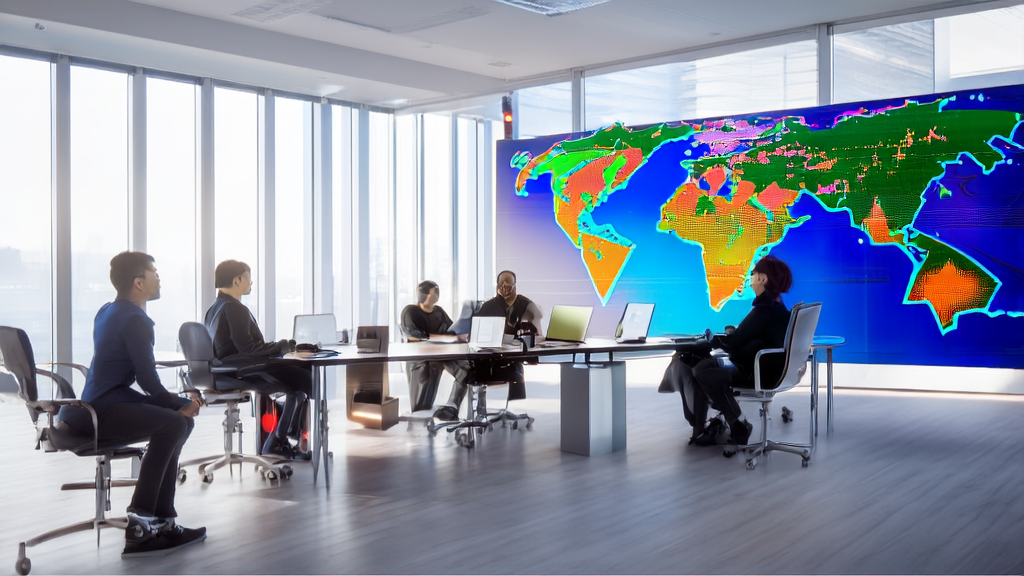 In a modern office, entrepreneurs are discussing an AI acquisition system, with sunlight streaming in through floor-to-ceiling windows, creating an atmosphere of hope and innovation.