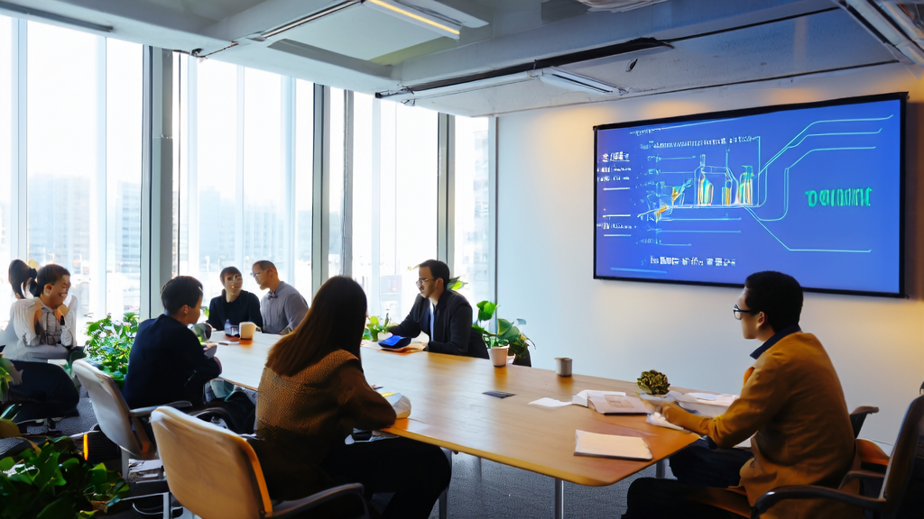 In a modern office, entrepreneurs are discussing new AI acquisition trends and the application of Google's AI assistant CC