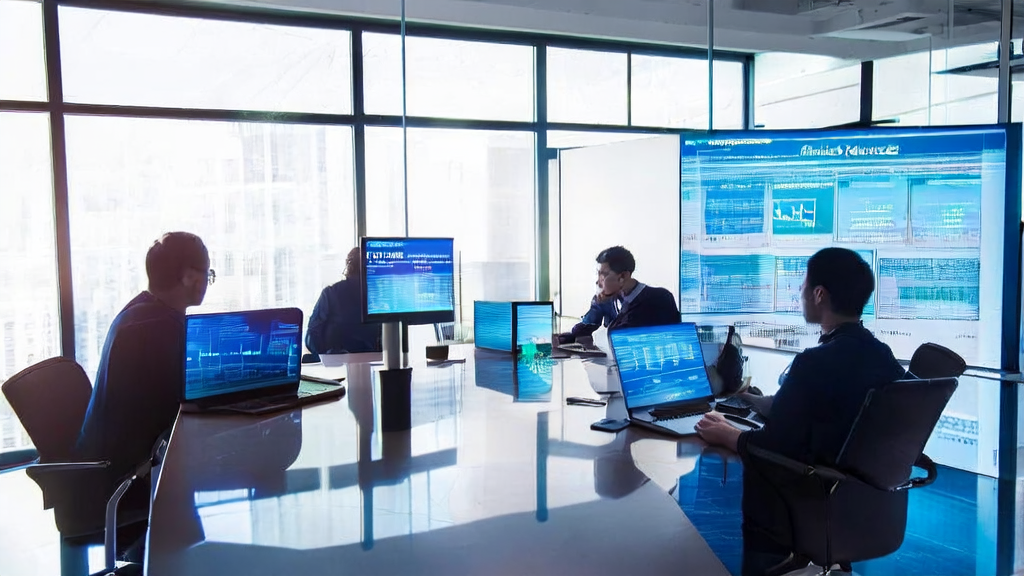 Employees in a modern office discussing AI advertising strategies using Microsoft Excel Web's intelligent agent mode for data analysis