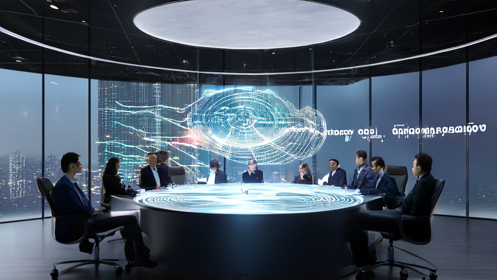Modern office with technicians discussing Anthropic's audit agent, city night view in the background