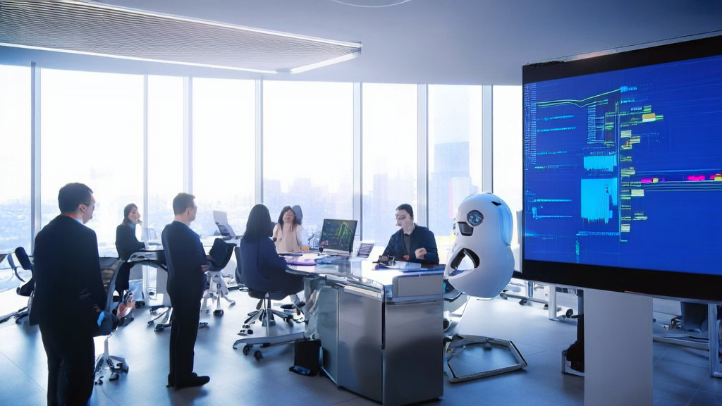 Employees in a modern office gather around a large screen discussing AI-driven customer acquisition solutions, with a smart robot demonstrating in the corner.