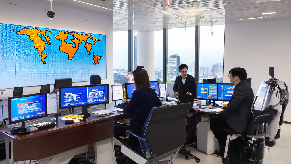 现代化办公室内员工讨论AI获客策略，背景为城市景观和AI机器人模型