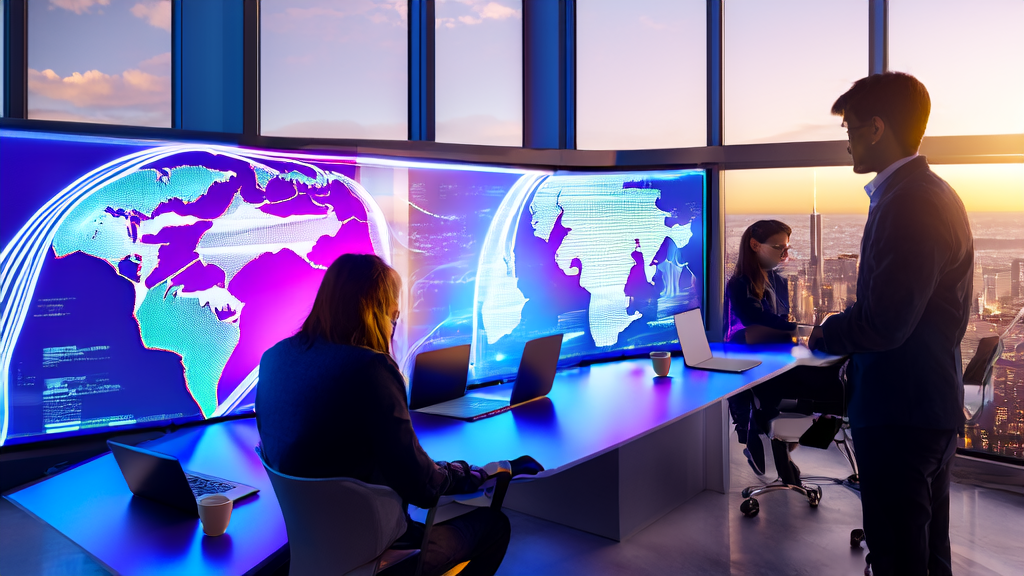 现代化办公室内，团队围绕AI智能获客系统进行热烈讨论，窗外是繁华的城市景象。