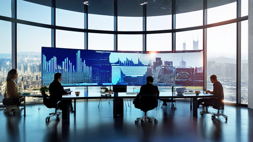 In a modern office, employees are enthusiastically discussing AI customer acquisition strategies, with the McKinsey report and cityscape in the background