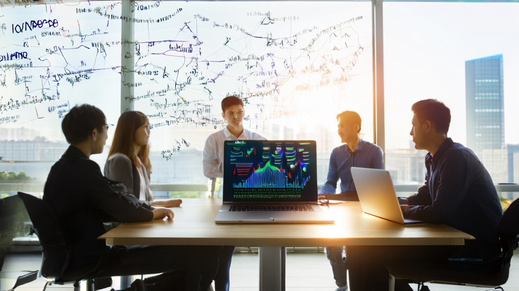 A modern office where a team discusses AI customer prediction models and efficient customer acquisition strategies