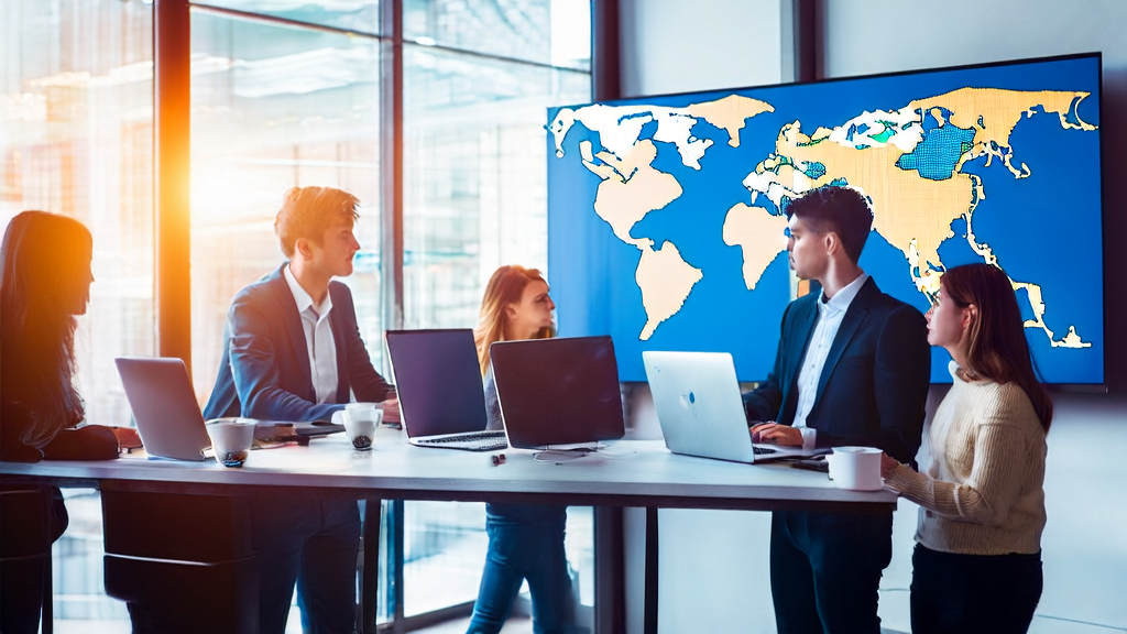 In a modern office, employees are discussing AI customer prediction models and data cleaning services with sunlight streaming in from the windows.