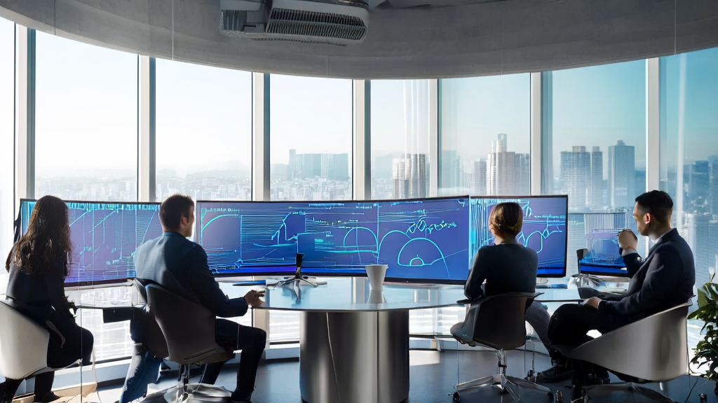 现代办公室内员工们正在讨论AI客户预测模型，墙上挂着数据图表，桌上摆放着电脑和热咖啡