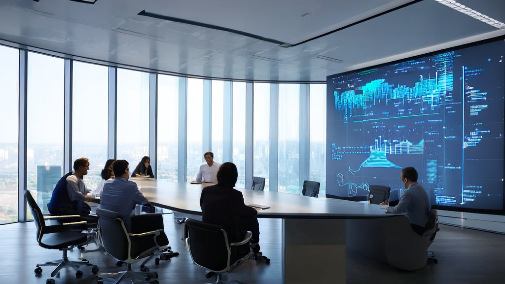 A team in a modern office discussing AI-driven customer acquisition solutions, including Poe API and multilingual content generation