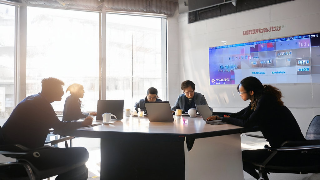 现代办公室内，团队正在讨论AI邮件营销策略，背景是Google最新客户服务智能助手的功能演示。