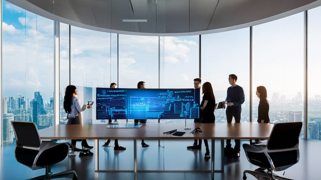 In a modern office filled with sunlight, young entrepreneurs are enthusiastically discussing AI email marketing strategies amidst advanced technical equipment.