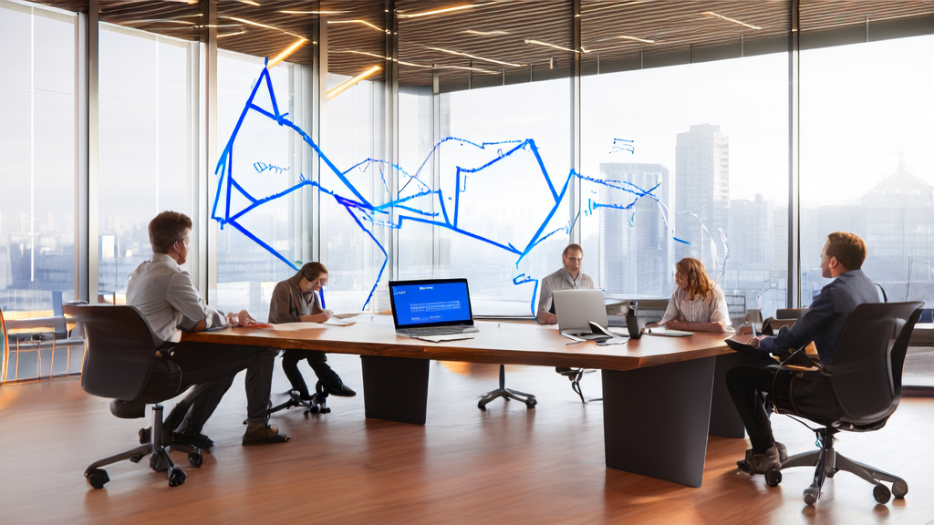 Employees in a modern office discussing AI email marketing strategies with a clear view of Slack interface and email content, cityscape in the background