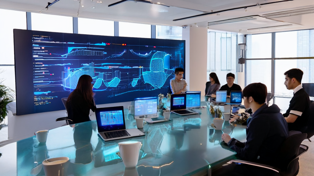 Employees in a modern office are discussing AI email marketing strategies, with GPT-5 and international trade email polishing tools displayed on the screen