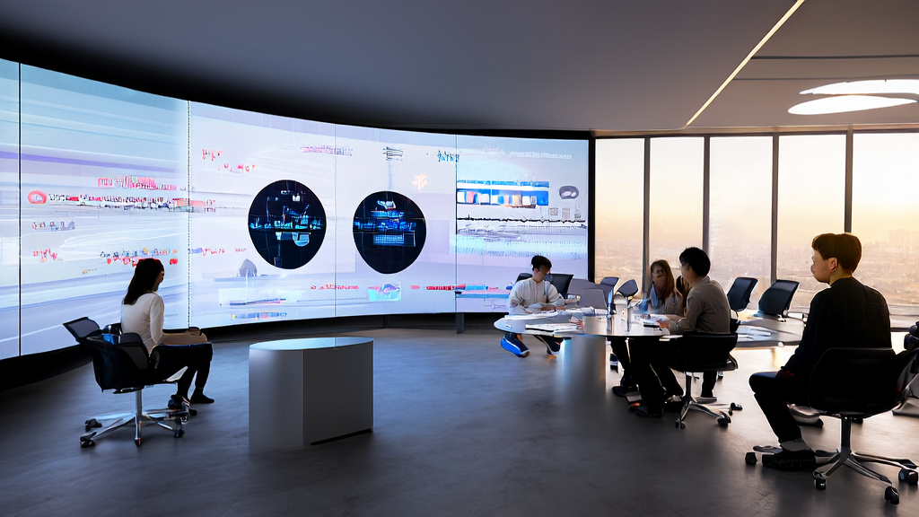 Employees in a modern office discussing AI email marketing strategies, with an intelligent robot preparing coffee and a large chart on the wall showing the AI-optimized email marketing process.