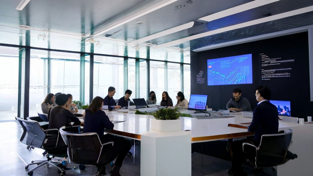 现代化办公室中，员工们正在讨论AI邮件营销策略，背景墙上的图表展示了AI优化的邮件营销效果。