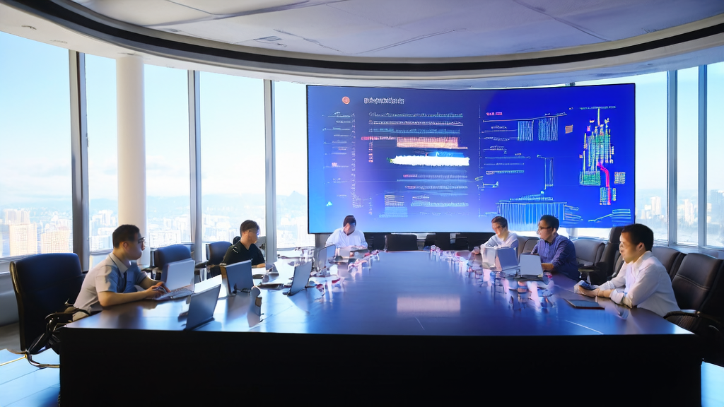 In a modern office, employees are discussing AI email marketing strategies, with a world map on the wall and a robot organizing files, sunlight streaming through the windows.