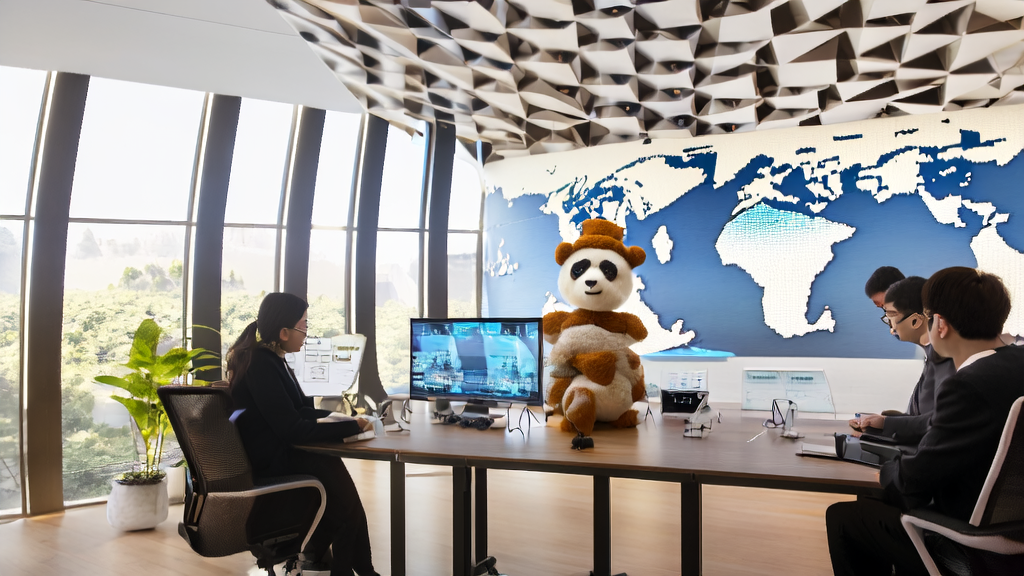 Employees in a modern office discussing AI email marketing strategies around a smart computer, with a felt panda wearing a wide-brimmed hat on the table