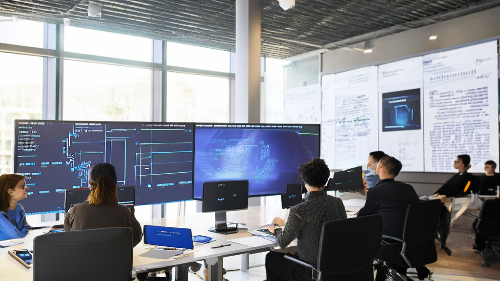 Employees in a modern office enthusiastically discussing AI marketing and new feature development