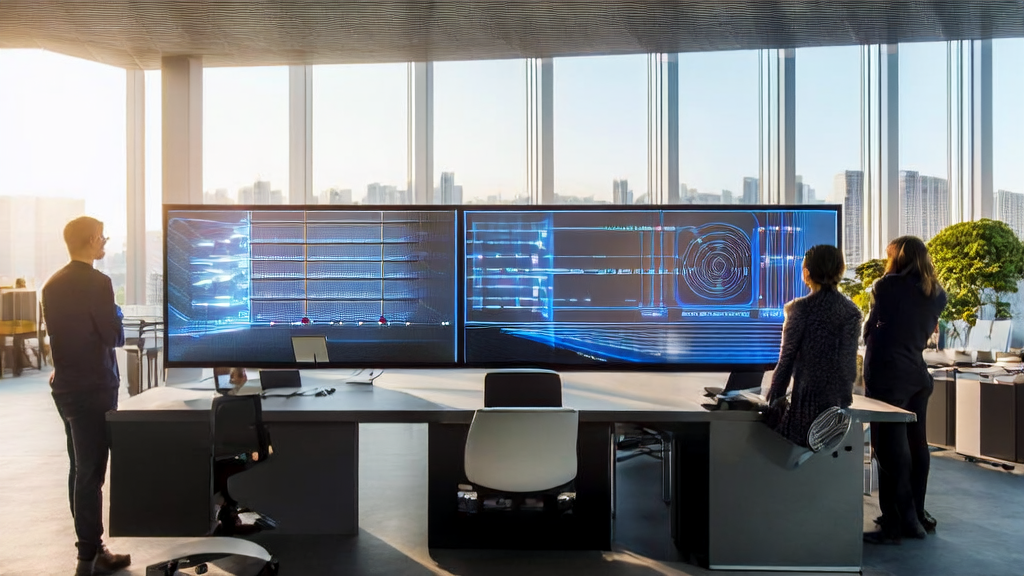 Employees in a modern office discussing AI marketing and the powerful AI chip