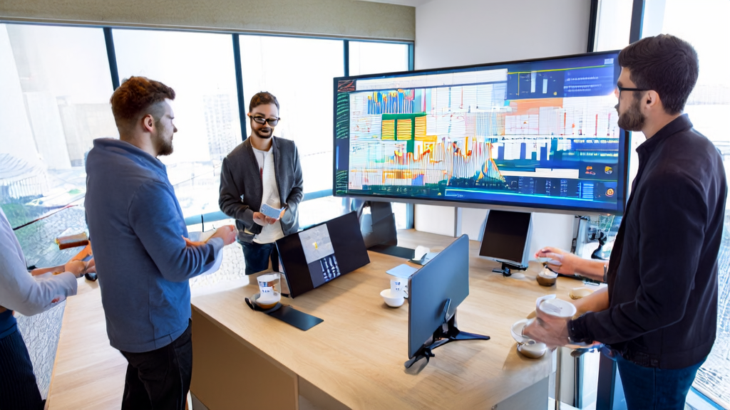 Employees in a modern office are discussing AI-optimized email marketing strategies, with data analysis charts on the wall and sunlight streaming through large windows.