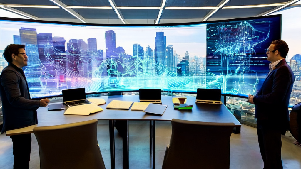 Data scientists discussing the application of AI predictive models in a modern office space