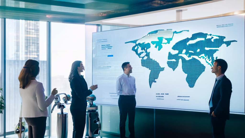 Employees in a modern office discussing business presentations created with Zhisp AI Slides