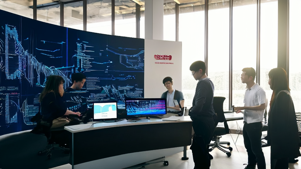 In a modern office bathed in sunlight, programmers are enthusiastically discussing the applications of the dots.llm1 large model.