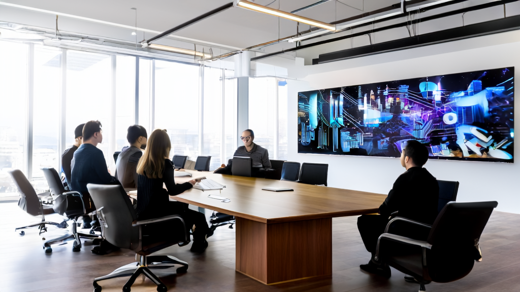 现代化办公室内团队讨论Poe平台的AI生成图像和视频内容