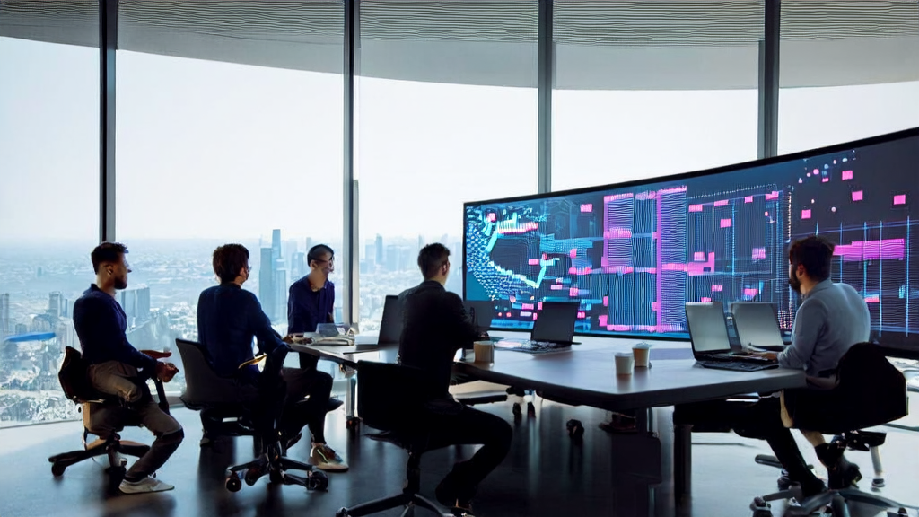 现代办公室内程序员们热烈讨论QwenChat网页开发功能