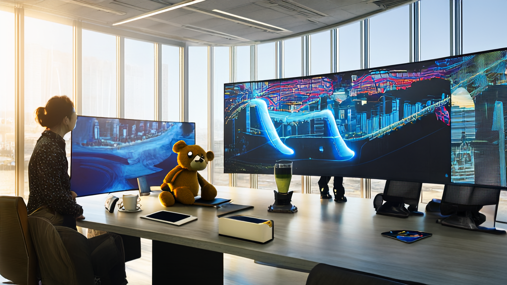 Employees in a modern office enthusiastically discussing a creative ad generated by the Sora video tool, with a toy bear starring in the "Character Cameo" feature