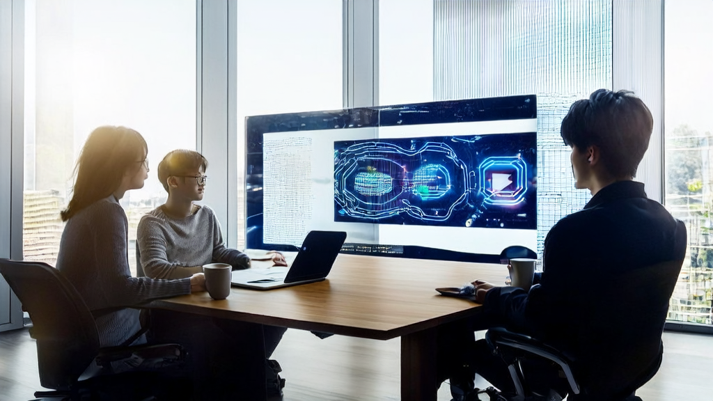 现代化办公室内，创业者们正在讨论AI智能获客系统的架构与应用，并关注迪士尼因版权问题下架Character.AI聊天机器人的新闻。