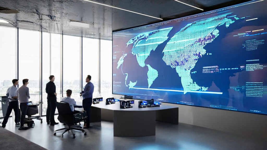 现代化办公室中开发人员使用阿里Qoder工具讨论AI优化广告投放策略