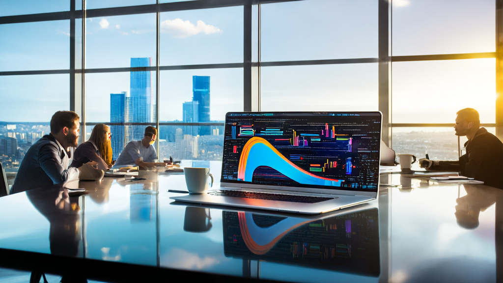 A modern office where a team discusses AI-optimized email marketing strategies, featuring a tech-savvy and vibrant atmosphere