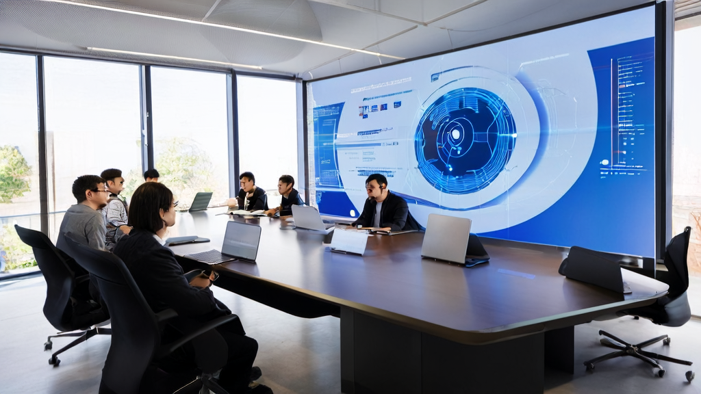 Professionals in a modern office discussing AI email polishing tools, with an advertisement video of Xiaomi AI glasses in the background