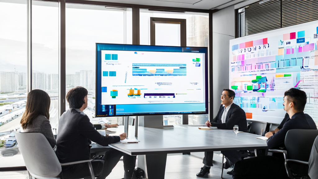 Employees in a modern office are discussing a PPT created by AI Slides, showcasing how AI email marketing and PPT presentations can help foreign trade companies achieve precise customer acquisition.