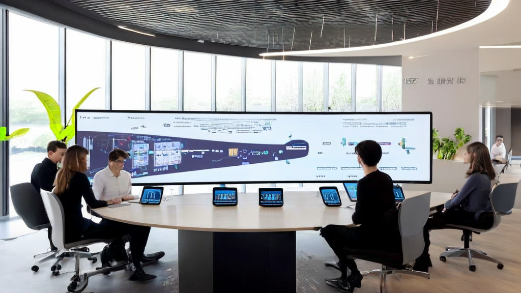 Scene of a modern office showcasing AI customer acquisition solutions, with sunlight streaming through floor-to-ceiling windows and employees using Claudia tool for data analysis