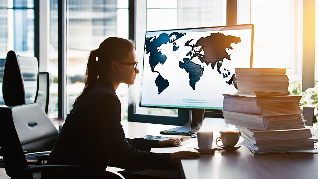 一位外贸业务员在现代化的办公室中使用AI邮件润色工具处理邮件