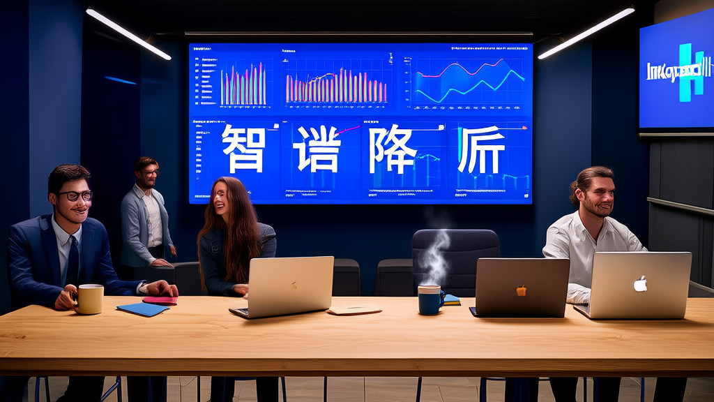 员工们在现代化办公室里使用智谱AI软件分析LinkedIn客户数据